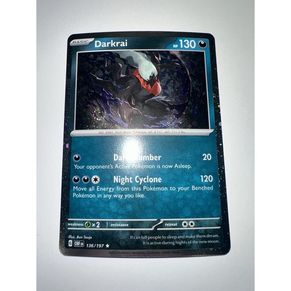 darkrai pokemon card value 136/197 - - - Obsidian Flames - Reverse Foil RarityRare Hit Points130 HP Darkness Dark Slumber (20) Your opponent’s Active Pokémon is now Asleep POKEMON CARD DARKRAI Trick Or